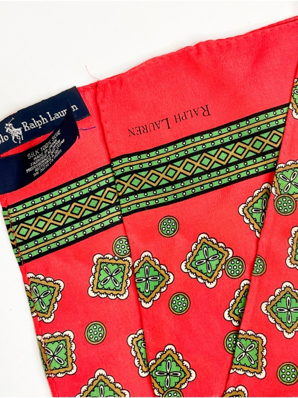 Polo Ralph Lauren Red Silk Scarf Green Geometric - Picture 4 of 5